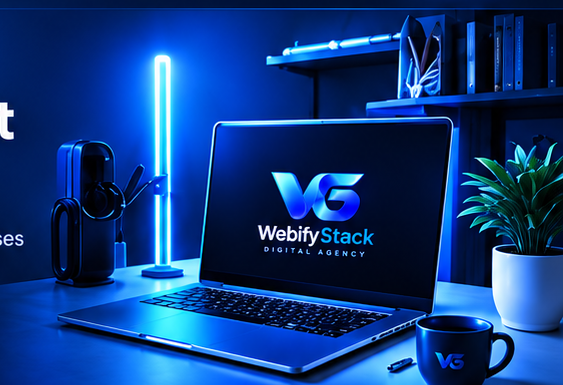 WebifyStack team workspace with branded laptop