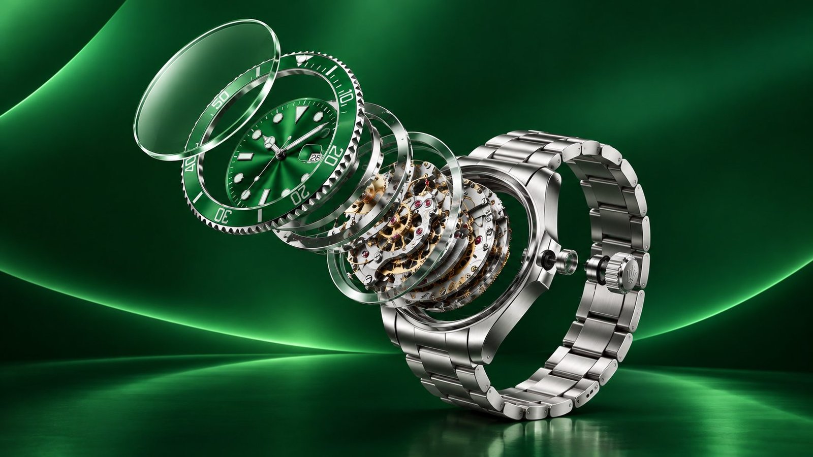 Exploded view of the Emeraude 300 showing crystal, bezel, dial, movement and case separated
