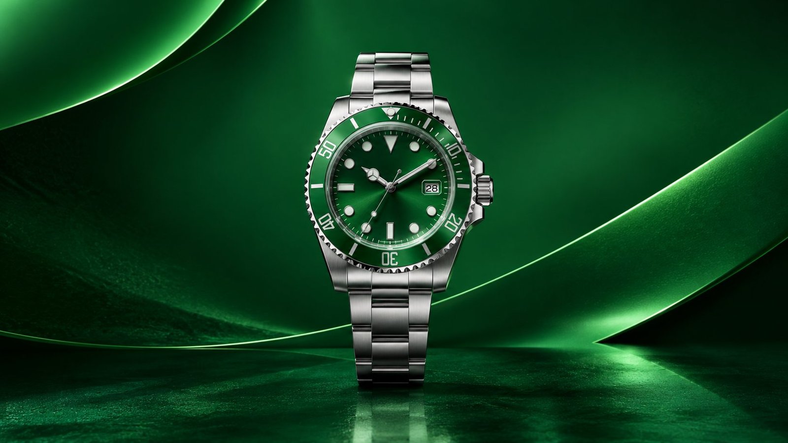 Emeraude 300 diver watch with emerald dial and bezel on a steel bracelet